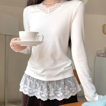 Junyao white lace bottoming shirt for women, which can be worn outside and styled, long-sleeved t-shirt, autumn and winter 2025 new top to cover the belly, white v-neck lace hem stitching bottoming shirt, m recommended for 80-100 pounds