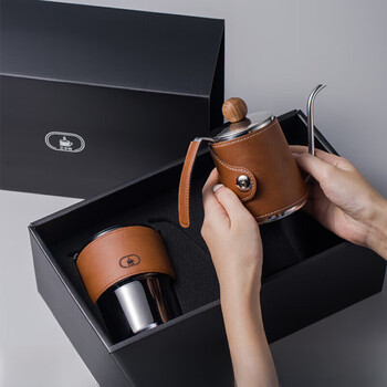 He jiagong hand-brewed coffee pot set home sharing pot long thin mouth brewing ear hanging holiday gift box custom coffee gift box silver pot + cup caramel brown 350ml