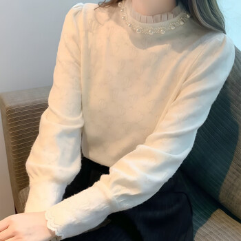 Fabric story luofen flagship store women's autumn and winter fashionable and high-end velvet top for women beige top s