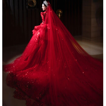 Wei lianmenglan red main wedding dress 2025 new bridal v-neck outer veil large tail heavy industry small long sleeves ready tail (comes with veil glove support) free shipping s