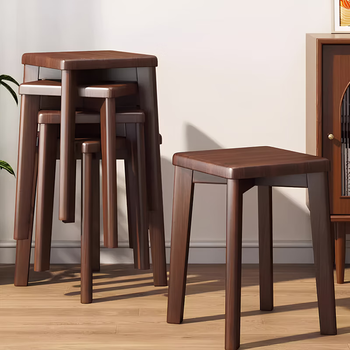 Wang xingheyue solid wood stool household small square bench stackable simple round stool dressing low stool living room dining table chair storage stool imported rubber solid wood walnut color medium size