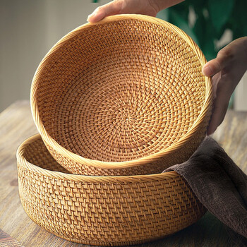 Zhenxiqi fruit basket rattan basket fruit plate round living room dry fruit plate snack plate steamed bun basket hand-woven tray medium size
