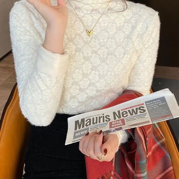 Pierre cardin velvet lace bottoming shirt for women autumn and winter long-sleeved t-shirt slim fit top white full body counter quality velvet l