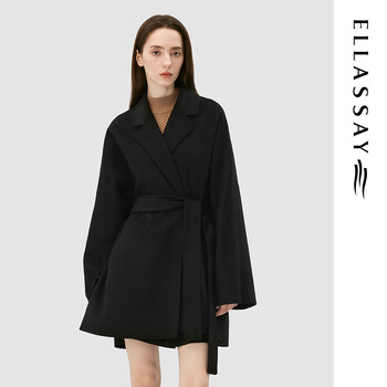 Ellassay new autumn and winter sheep wool simple and elegant black with lace mid-length woolen coat for women ewb343d01500
