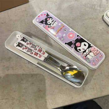 Jatuji elementary school students' tableware, kuromi, chopsticks, spoons and forks. three-piece tableware set for elementary school students, stainless steel, cinnamon dogmei, kuromi, spoon + chopsticks + box
