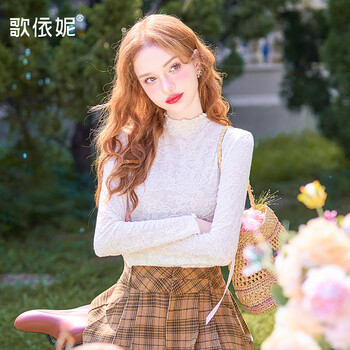 Geyini autumn and winter new women's french off-white half-high collar slim-fitting bottoming shirt lace shirt long-sleeved t-shirt apricot s