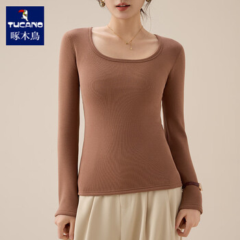 Woodpecker plus velvet and thickened pure cotton square collar bottoming shirt for women in autumn and winter new style long-sleeved brushed warm inner with slim fit top, brown, plus velvet and thickened style, one piece m, recommended 80-100 pounds