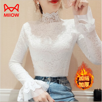 Miiow half turtleneck lace bottoming shirt for women 2025 autumn and winter new versatile mesh ruffled plus velvet slim fit inner top white plus velvet m