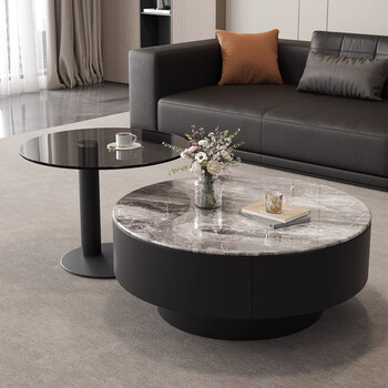 Zhizhi modern light luxury venetian brown super crystal stone round coffee table combination living room household large and small round solid wood storage coffee table