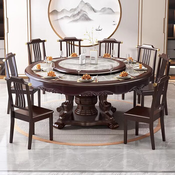 Binye slate solid wood dining table and chair complete set combination hotel large round table with turntable for 10-12 people dining table 1.5m imported slate round dining table + 8 chairs, free turntable