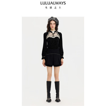 Lulualwayslulualways shopping mall same style 25 new winter retro elegant temperament lace mesh splicing top black m
