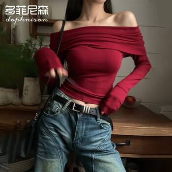 Dofinison burgundy one-shoulder bottoming shirt for women in spring and autumn with long sleeves and slim knitted sweater off-shoulder clavicle short top burgundy thick l (90-115 pounds)