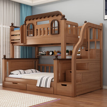 Solid wood high and low bed and bunk bed for adults, double bunk bed, bunk bed, bunk bed, children's bunk bed, mother and baby bed, cabinet ladder-5cm brown mat, upper bed width 150cm, lower bed width 180cm (comes with bookshelf)