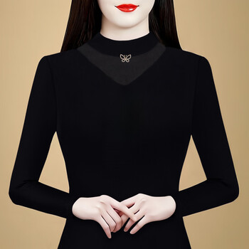 Orchid mesh plus velvet warm bottoming shirt for women, autumn and winter new long-sleeved t-shirt, stylish small shirt, lace top, black regular l