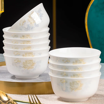 Jingdai jingdezhen ceramic rice bowl household high-looking chinese style simple anti-scalding large soup bowl vegetable plate fish plate bone china tableware 4.5-inch golden bell bowl 10 pieces