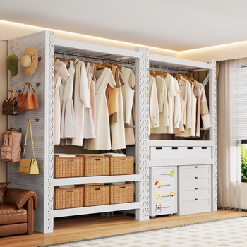 Siluo simple wardrobe bedroom household clothes hanger floor-standing multi-layer clothes hanger thickened full steel frame structure wardrobe storage cabinet simple white four layers-height 200cm comes with gauze curtain + clothes hanging rod length 150*width 60cm