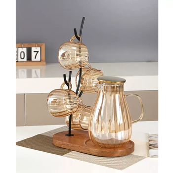 Yusenyi hot and cold glass high temperature resistant household cold water luxury hot water kettle light kettle living room high pot value water cup water set champagne color one pot 4 cups - solid wood combination rack 126 4ml