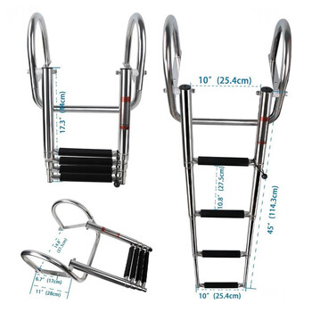 Stainless steel telescopic ladder for sub-deck launching and boarding, pontoon stern, foldable with handrails, 4-section ladder