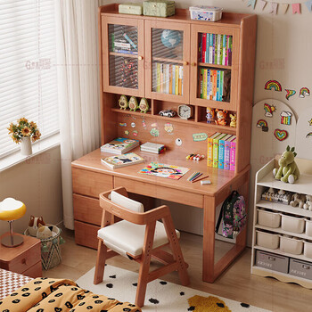 Guijiayuan solid wood desk and bookcase integrated bookshelf solid wood study table and chair writing table computer desk workbench okoume color left cabinet single table length, width and height 140*60*195cm