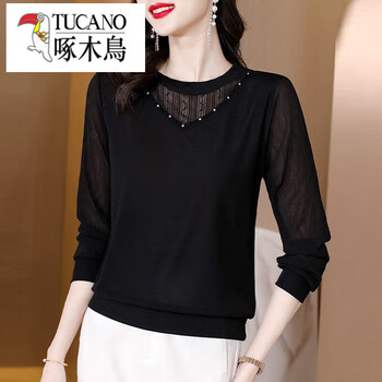 Woodpecker (tucano) large size women's lace bottoming shirt 2025 spring and autumn new long-sleeved inner and outer mesh splicing t-shirt black xl