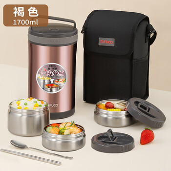 Tafuco japanese tafuco insulated lunch box 304 stainless steel lunch box for office workers and students multi-layer large-capacity insulated bucket t2621_1.7l_brown_insulated lunch box + bag + tableware