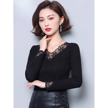 Woodpecker (tucano) spring, autumn and winter tops black mesh t-shirt v-neck lace bottoming shirt for women 2025 new style western style inner mother's shirt black (style) regular xl (115-125 jin)