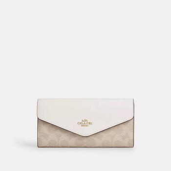 Coach women's long wealth cloth multi-card slot storage independent coin bag snap button closure external pocket black coated canvas sand/chalk