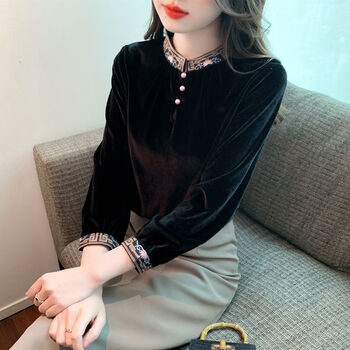 Pierre cardin new chinese style chinese style velvet bottoming shirt women's autumn and winter velvet thickened inner top autumn clothing 2025 new black s