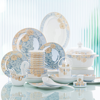 Yunzhihe bowl and dish set household 2025 new high-value tableware complete set jingdezhen bowl and chopsticks set wedding housewarming gift good time meal for ten people with rich pot brocade box set 62 pieces