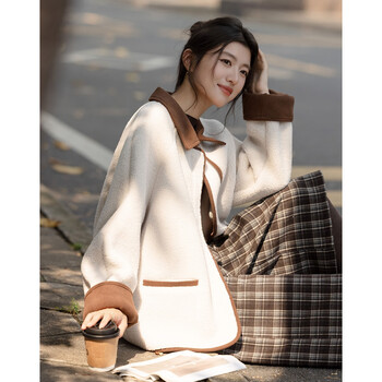 Demana layered aesthetics winter design imitation lamb wool splicing corduroy contrast lapel loose warm jacket