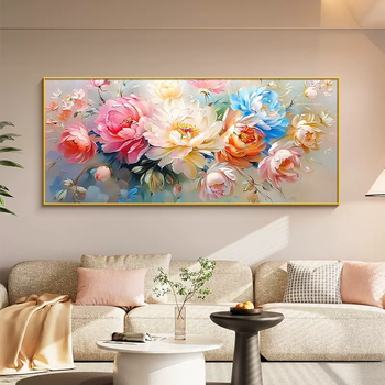 Yusen yihua blooming rich living room large white wall decorative painting peony high-end sofa background wall hanging painting horizontal qili fanghua b (athens black) brushed thickened aluminum alloy frame high-definition art oil canvas matte texture 280x110cm (recommended for sofas above 4 meters)