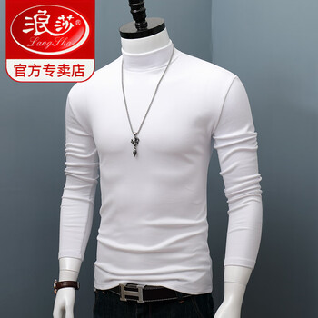 Langsha autumn and winter pure cotton half turtle collar long sleeve bottoming shirt men's large size slim solid color t-shirt youth versatile warm autumn clothes white m wear around 100 jin
