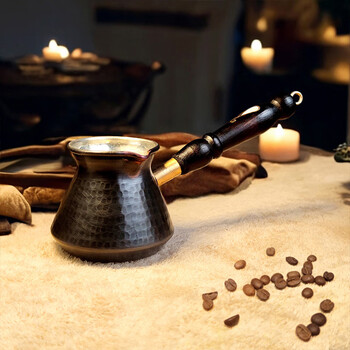 Loturenk turkish luxury handmade copper coffee pot, original imported handmade hammer-point brushed personalized creative mother-of-pearl wood handle, imported copper black handmade copper coffee pot 290ml