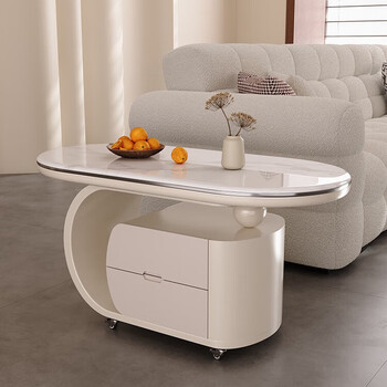 Zhai xiaodiao's new light luxury movable cart, living room, small apartment, coffee house, sofa side table, cream style movable small table, white base + swan white microcrystalline stone, 90 long, 45 wide, 50 high