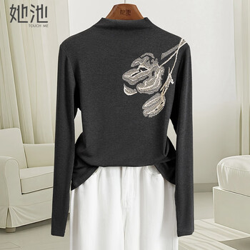 Shechi heavy industry beaded bottoming shirt women's 2025 autumn new style half turtle collar with long sleeve t-shirt