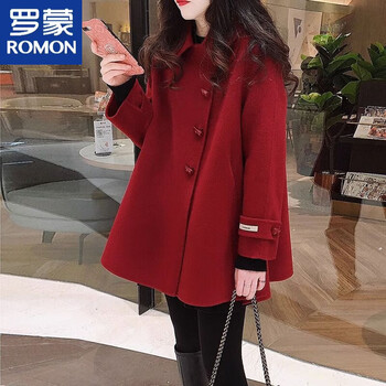Romon woolen red horn button coat for women 2025 autumn and winter new korean style small cape woolen coat trendy red m recommended 80-100 pounds