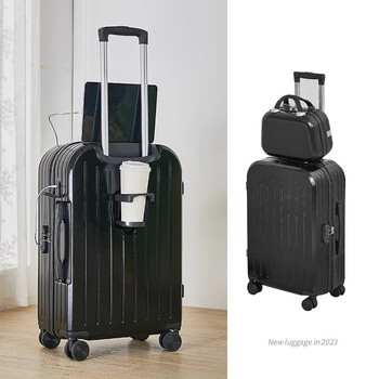 High-looking suitcase for women, multi-functional trolley case, small lightweight universal wheel suitcase, password box, 24-child box, noble black-child box, cup holder type, usb charging, 22 inches