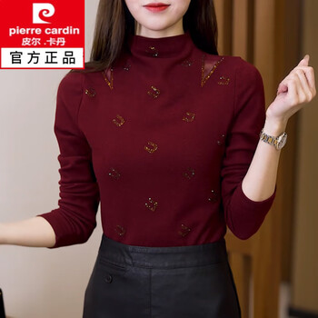 Pierre cardin half turtleneck bottoming shirt for women autumn and winter 2026 new warm black thickened german velvet inner with hot diamond versatile top maroon m