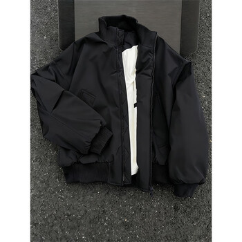 Qimiler maillard short stand-collar bomber jacket cotton men's autumn and winter loose high street baseball cotton top jacket black cotton style xl