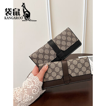 Kangaroo (kangaroo) brand luxury 2025 fashion wallet women's new short multi-card slot card bag three-fold buckle hand retro long brown