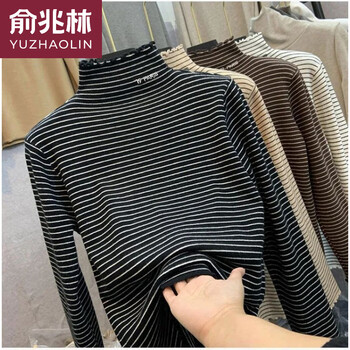 Yu zhaolin autumn and winter double-sided german velvet half turtle collar striped versatile warm bottoming shirt women's new fungus trim long sleeve t-shirt black letters single pack 3xl