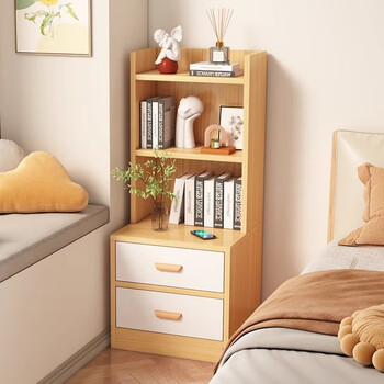Solid wood bedside table bookshelf integrated bedside storage cabinet wall utility cabinet small narrow slit bookcase storage rack 30 long light walnut color drawer model three layers 30*40*111.2