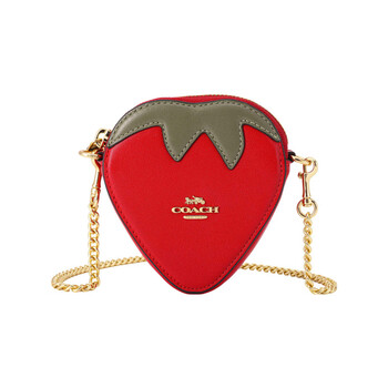 Coach 11 gold logo letter logo strawberry shape leather shoulder crossbody bag wallet regular women's red basic pack (bag + dust bag)