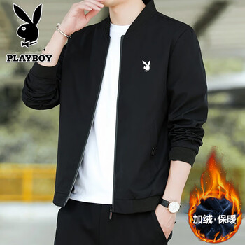 Playboy jacket men's autumn and winter velvet thickened young and middle-aged stand collar loose casual jacket black velvet xl