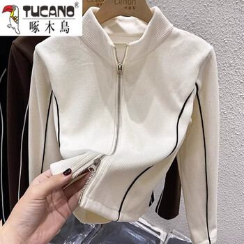 Woodpecker (tucano) double zipper long-sleeved t-shirt women's autumn and winter style stand-up collar bottoming shirt plus velvet thickened corduroy short cardigan top off-white, good quality, no pilling, thin section 2xl (recommended 131-145 catties)