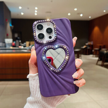 Kangsiqi pleated wrinkle love heart suitable for iphone16 mobile phone case new apple 16promax light luxury and high-end 15/14plus dot diamond touch-up mirror 13pm anti-fall 12p protective cover spiral thread love purple dot diamond touch-up mirror iphone 12 pro