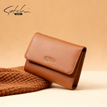 Satchi sachi wallet genuine leather women's bag new fashion flip compact premium ticket holder gift box packaging for wife and girlfriend brown
