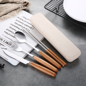 Zwilling german seiko wooden handle western tableware stainless steel knife, fork, spoon and chopsticks four-piece set portable box adult tableware set wheat color box wooden handle chopsticks knife, fork and spoon