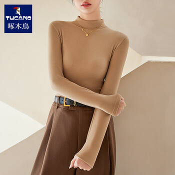 Woodpecker 2025 autumn and winter new style plus velvet and thickened half turtleneck bottoming shirt for women, which can be worn outside, slim and slim long-sleeved top, light coffee xl