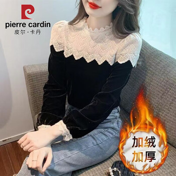 Pierre cardin velvet long-sleeved t-shirt for women autumn and winter 2025 new fashionable lace bottoming shirt gold velvet top black plus velvet l 105-115 catties